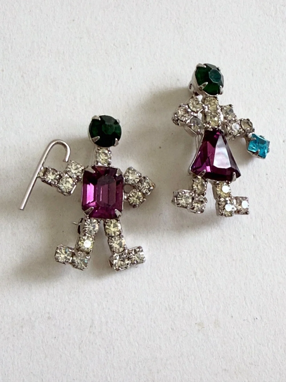 Vintage Unsigned Rhinestone Twins Figural Brooch Set of Two